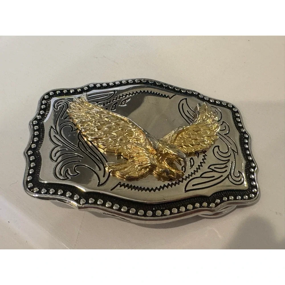 Western Soaring Eagle Belt Buckle Gold Silver Tone Scalloped Scrollwork Mens